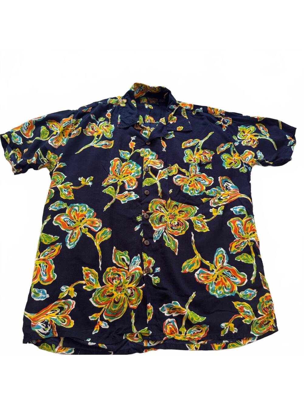 Vtg Roundy Bay Hawaiian Shirt Mens Medium Navy Floral 100% Rayon Aloha Button